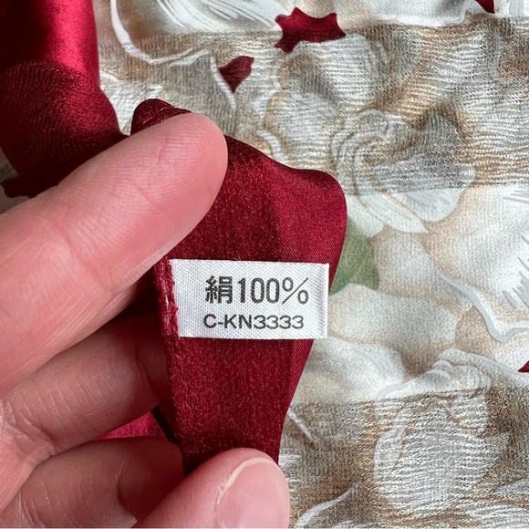 Bayadere 100% Silk Floral Red and White Scarf, 34” x 34” - Picture 7 of 7